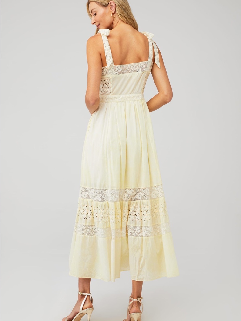 LoveShackFancy Pale Yellow Lace-Trim Midi Dress